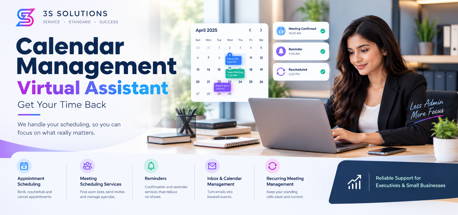 3S Solutions Calendar Management Virtual Assistant banner featuring a professional woman working on a laptop, a digital calendar with meeting reminders, and services including appointment scheduling, meeting coordination, inbox and calendar management, and recurring meeting management.